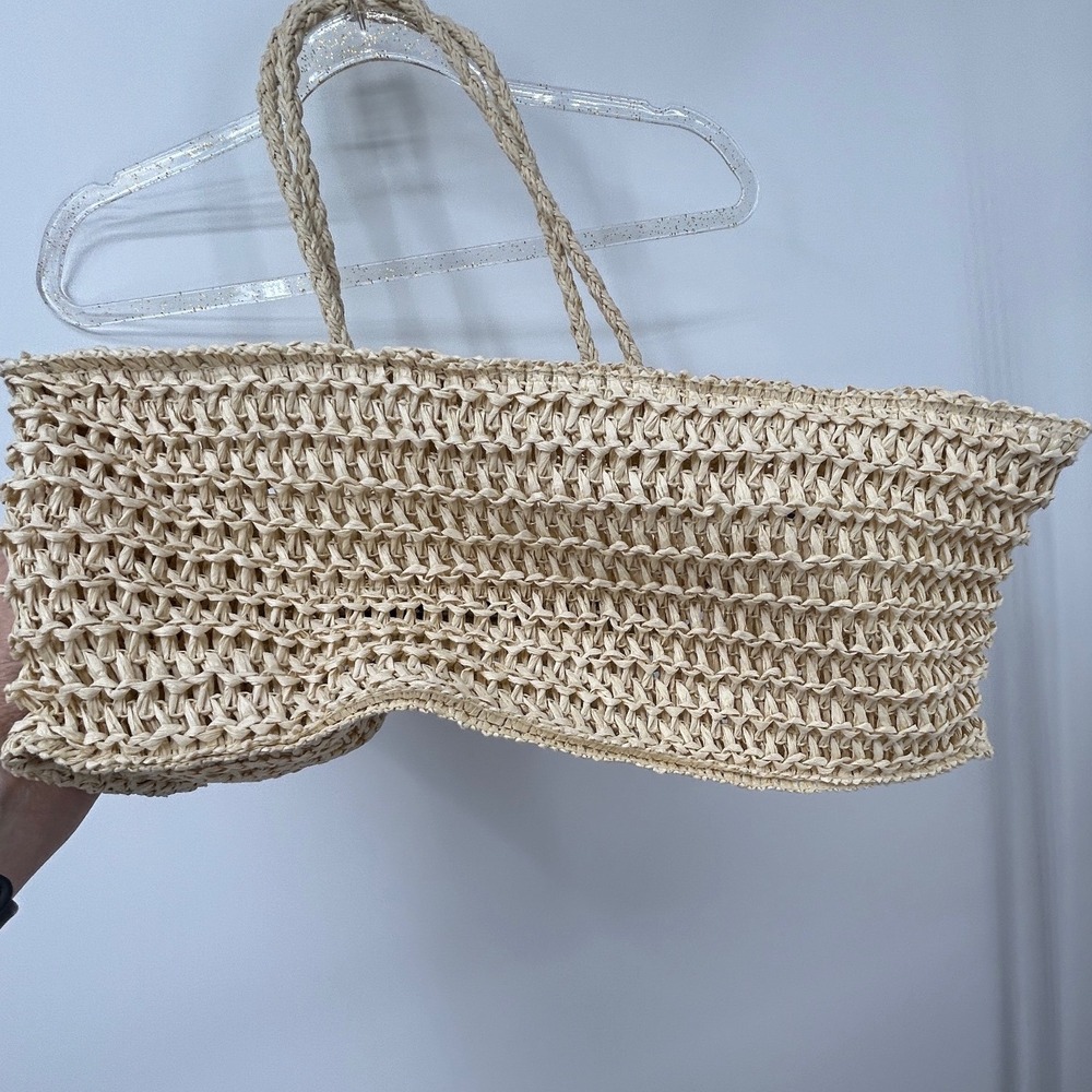 Gone Coastal Beige Woven Straw Crochet Tote Beach Bag Braided Straps - Picture 6 of 9